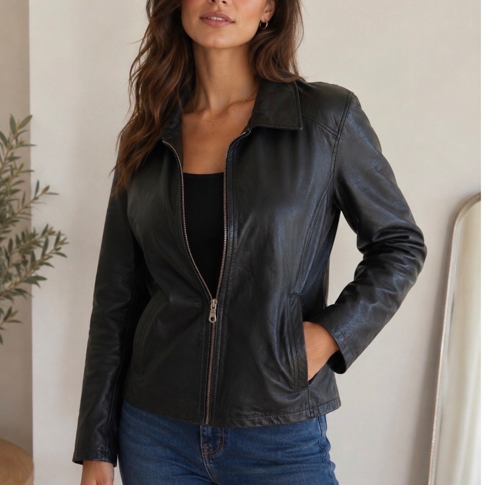Wilsons The Leather Experts Black Leather Zip Front Jacket Womens Large L